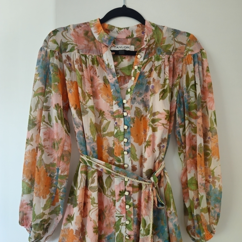 Taylor Pink and Orange Wrap Mini Dress with Bishop Sleeves - Picture 2 of 11